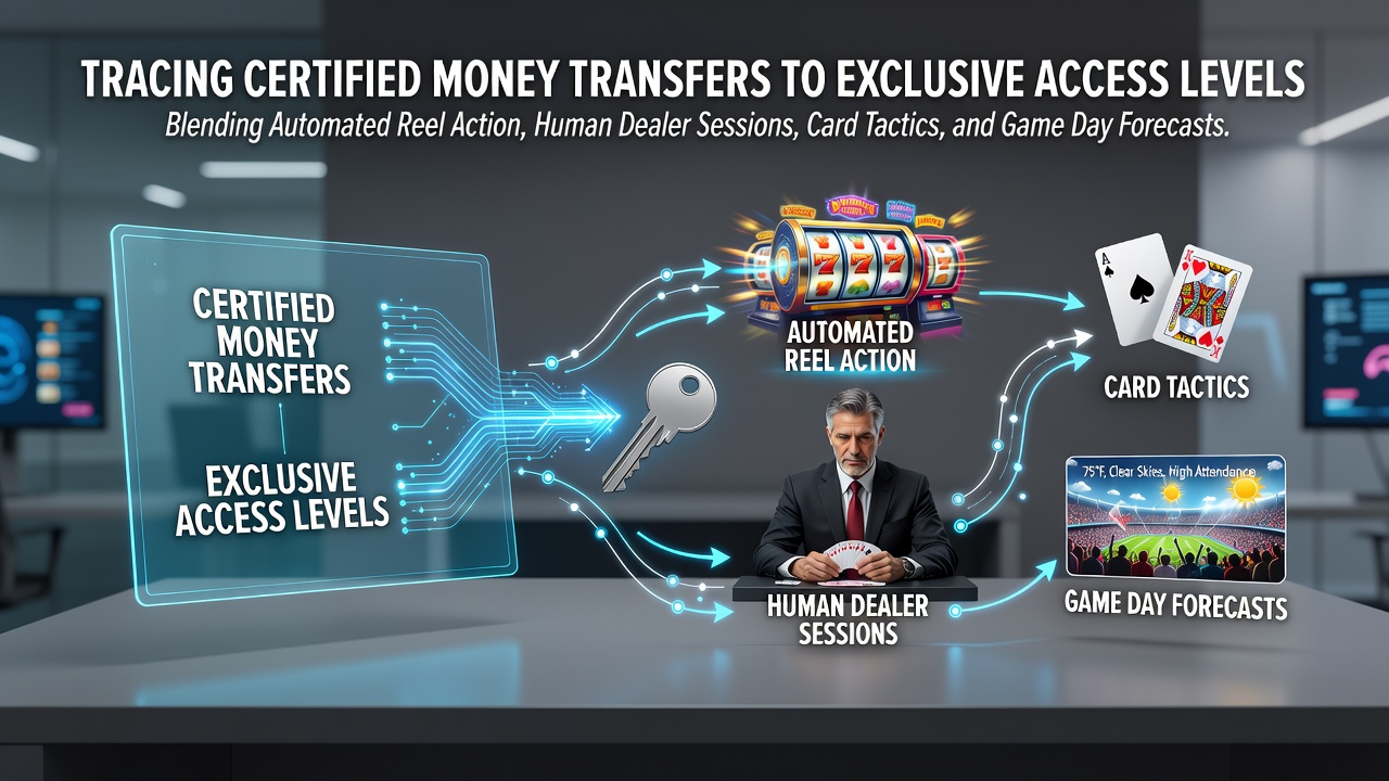 Illustration showing certified money transfers flowing into tiered access levels within mobile gaming applications that combine reel spins, live dealer tables, card strategies and sports forecasts